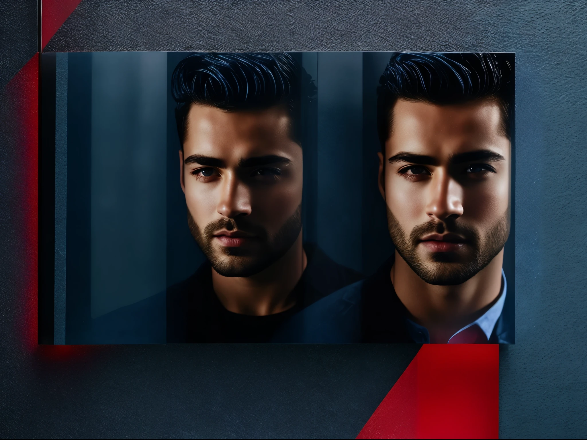 A handsome man is inside a glass wall, dark blue and dark red, cut/ripped, luminous portraits, unpredictable, photo-realistic hiperbole.
