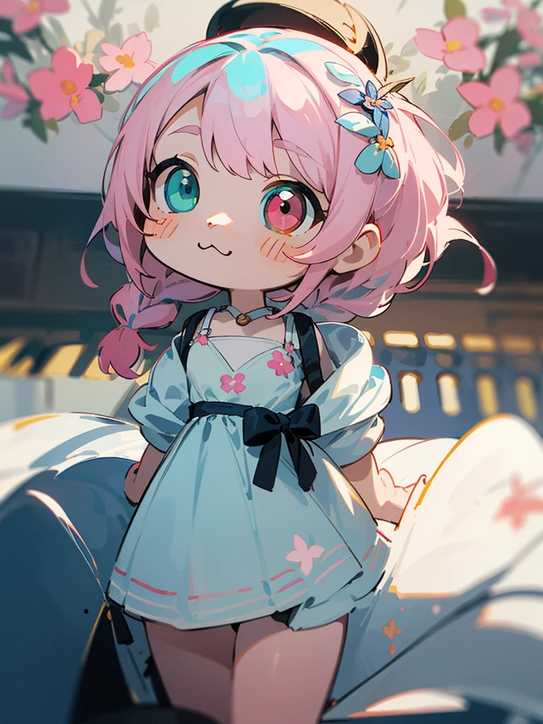 Anime illustrations in the style of "Kyoto Animation", Highest Quality, (Cute: 1.1), 8K, (High resolution: 1.2), Incredibly ridiculous: 1.3, incredibly fine illustrations, Cute girls, (Heterochromia, light blue eyes and light green eyes), Standing figure, Moody, masutepiece, of the highest quality, absurdity, High resolution, Official art, (Cute: 1.8), ( chibi character: 1.5), Solo, ((pale pink hair, Braids on both sides, Cute flower ribbon)), Thin hair, 1 beautiful girl, (Cute: 1.8), Caregiver, (Floral Bra, Floral panty erom below, Back, dress room, Lockser, Underwear, 😢