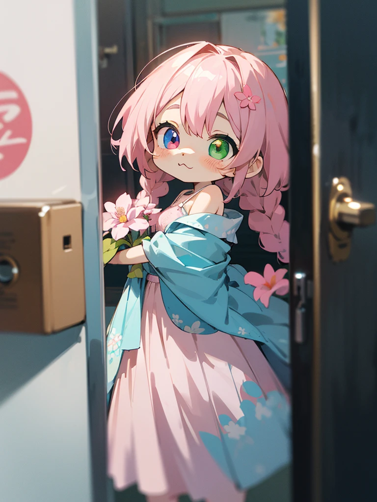 Anime illustrations in the style of "Kyoto Animation", Highest Quality, (Cute: 1.1), 8K, (High resolution: 1.2), Incredibly ridiculous: 1.3, incredibly fine illustrations, Cute girls, (Heterochromia, light blue eyes and light green eyes), Standing figure, Moody, masutepiece, of the highest quality, absurdity, High resolution, Official art, (Cute: 1.8), ( chibi character: 1.5), Solo, ((pale pink hair, Braids on both sides, Cute flower ribbon)), Thin hair, 1 beautiful girl, (Cute: 1.8), Caregiver, (Floral Bra, Floral panty erom below, Back, dress room, Lockser, Underwear, 😢