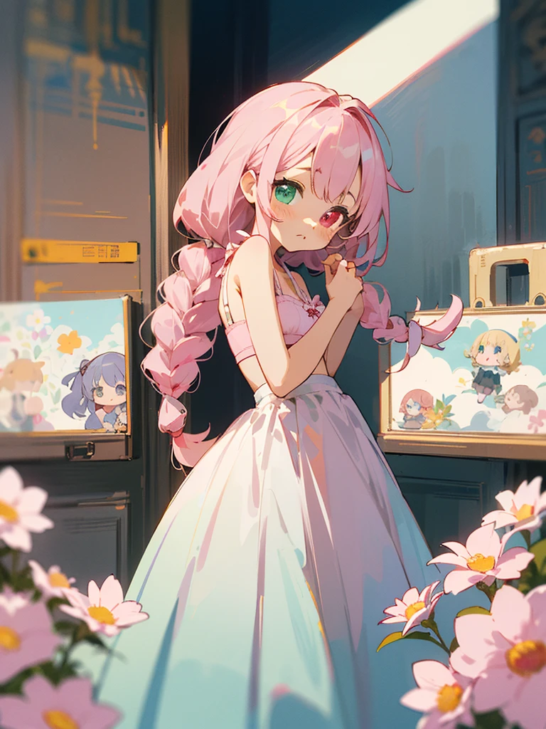 Anime illustrations in the style of "Kyoto Animation", Highest Quality, (Cute: 1.1), 8K, (High resolution: 1.2), Incredibly ridiculous: 1.3, incredibly fine illustrations, Cute girls, (Heterochromia, light blue eyes and light green eyes), Standing figure, Moody, masutepiece, of the highest quality, absurdity, High resolution, Official art, (Cute: 1.8), ( chibi character: 1.5), Solo, ((pale pink hair, Braids on both sides, Cute flower ribbon)), Thin hair, 1 beautiful girl, (Cute: 1.8), Caregiver, (Floral Bra, Floral panty erom below, Back, dress room, Lockser, Underwear, 😢