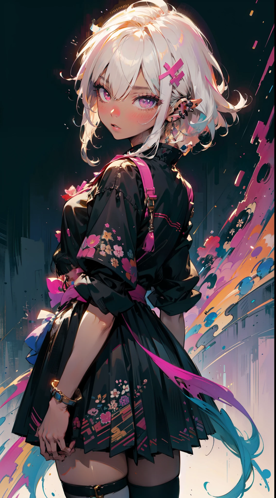 (masterpiece, top quality, best quality, official art, beautiful and aesthetic:1.2), ((dark elf)), ((1girl)), extreme detailed, (fractal art:1.3), colorful, highest detailed, Cowboy shot, from behind, in the style art by Artgerm, by wadim kashin, by Kawacy, by Yoshitaka Amano, BREAK, insanely detailed face, details eye, Blunt bangs, white hair, (hair between eye), eyelashes, violet eyes, eyeshadow, pink eyeshadow, (dark skin:1.1), BREAK, corsages, jirai kei, (jirai kei fashion:1.1), Frills, Skirts, Various accessories, (ear piercing), punky style, Japanese subculture, fashion, Stockings, colorful, (Dark circles:1.2),