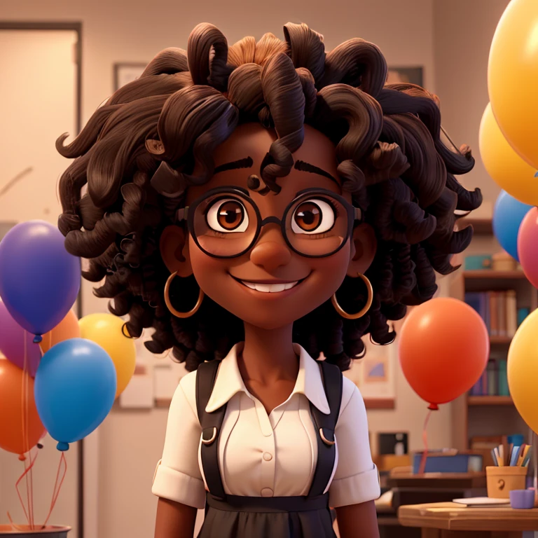 A black woman holding colorful balloons, wearing round glasses, brown eyes, voluminous curly hair, discreet smile
