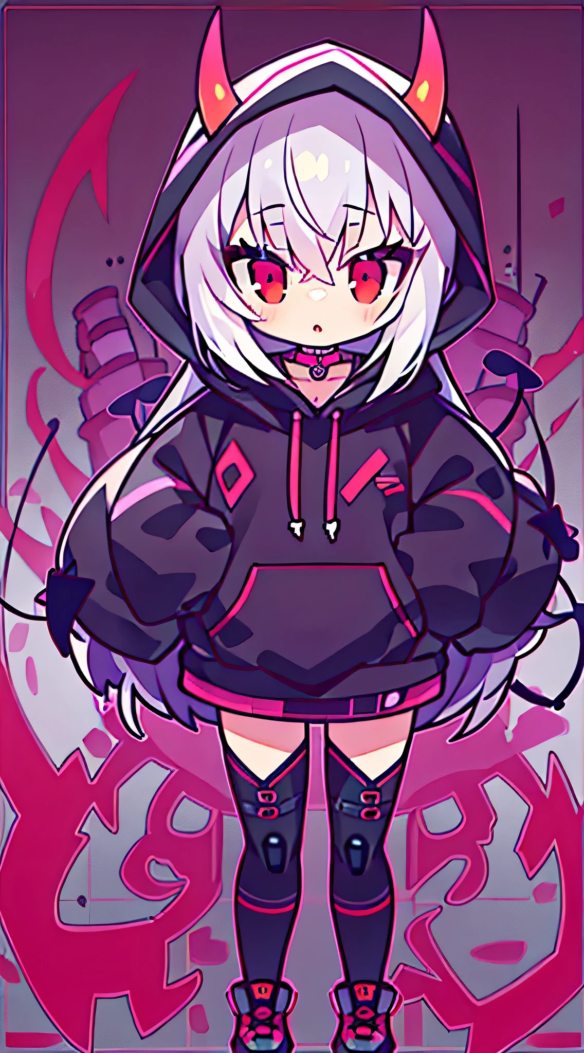 1 girl, chibi, white hair, oversized black hoodie, astonished, hacking, cyber daemon, loli, cyberpunk, ((cyber horns)), red eyes ( background, white background: 1.3)