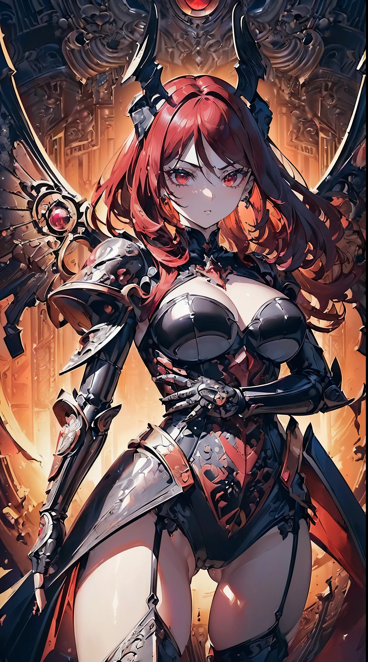 (((masterpiece))), (((highest quality))), ((ultra-detailed)), ((super fine illustration)), ((ultra-fine painting)), (Highly detailed and cool illustration style:1.8), detailed skin texture, detailed metal texture, detailed cloth texture, extreme detailed description, (T-masterpiece), original, raw photo, professional, Intricate details, super details, intricate ornament details, (american shot:1.6), real, (Solo:1.5), (A beautiful and cool female marshal with ruby red hair and eyes dressed as a mechanical fallen angel) BRAKE (Beautifully shaped small breasts), (Beautifully shaped small buttocks), (Beautiful and shiny highly detailed ruby red hair:1.4), (highly detailed ruby red hair:1.2), (Beautiful clear and highly detailed ruby red eye:1.6), (highly detailed ruby red eyes:1.2), (highly detailed face:1.4), (Very detailed, beautiful and perfect hands:1.4), (Very detailed, beautiful and perfect fingers:1.4), (Very detailed, beautiful and perfect fingertips:1.4), (perfect anatomy:1.4) BRAKE ((sophisticated mechanism:1.4))Smooth and menacing design, (Highly detailed large jet black symmetrical mechanical wings:1.3)Smooth and menacing design, (highly detailed jet black symmetrical wings:1.2), (Highly detailed and cool mechanical armor with super leadership enhancement that shines in jet black and ruby red exclusively for female marshals:1.3), (Symmetrical Wings:1.6) BRAKE Concept-art, (battle pose), Detailed science and fantasy art, (Highly detailed and cool attack pose) BRAKE no robot, (16K highest quality wallpaper:1.4), (Highly detailed and delicate Different world background:1.2) BRAKE sexy, NSFW BRAKE