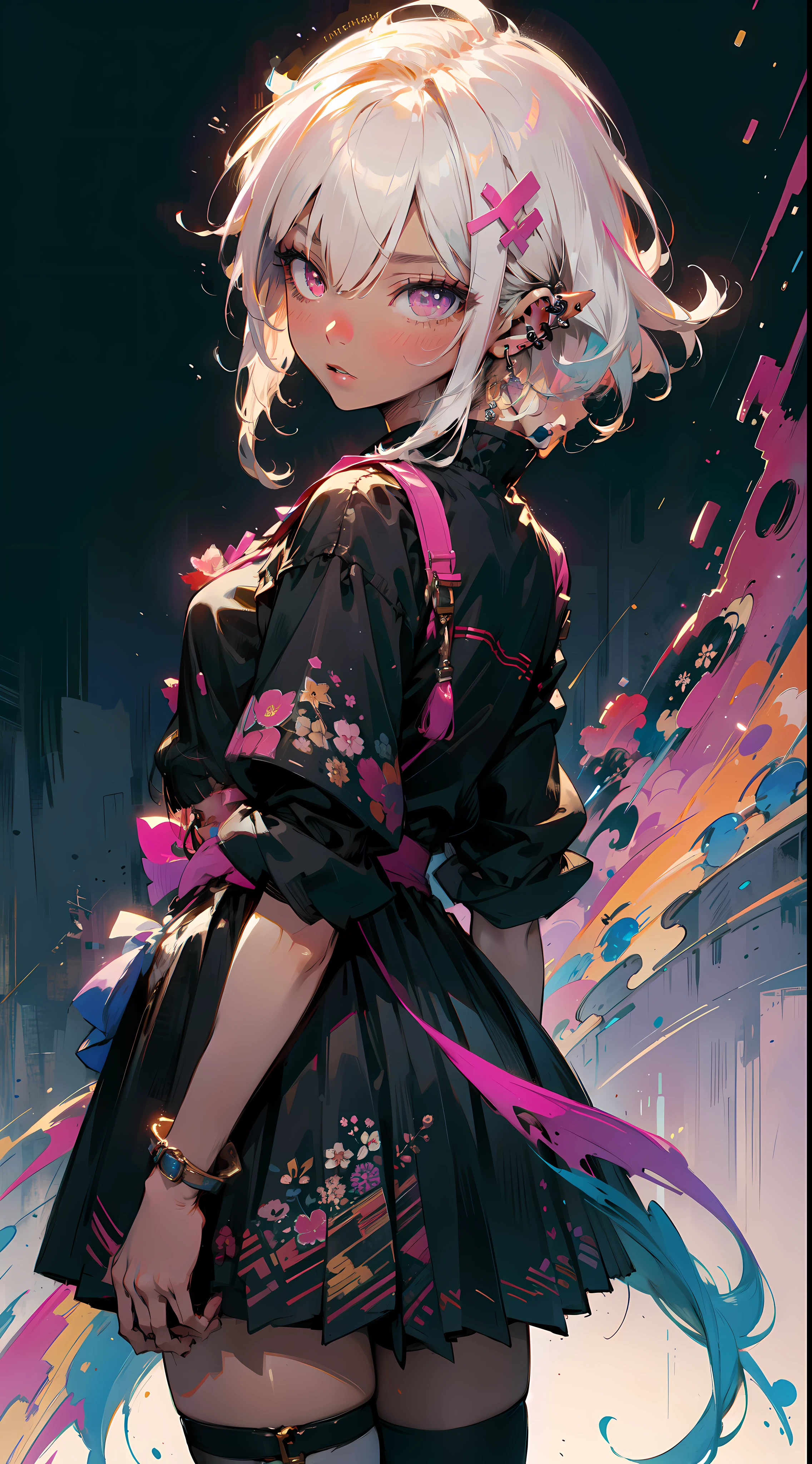 (masterpiece, top quality, best quality, official art, beautiful and aesthetic:1.2), ((dark elf)), ((1girl)), extreme detailed, (fractal art:1.3), colorful, highest detailed, Cowboy shot, from behind,  in the style art by Artgerm, by wadim kashin, by Kawacy, by Yoshitaka Amano, BREAK, insanely detailed face, details eye, Blunt bangs, white hair, (hair between eye), eyelashes, violet eyes, eyeshadow, pink eyeshadow, (dark skin:1.1), BREAK, corsages, jirai kei, (jirai kei fashion:1.1), Frills, Skirts, Various accessories, (ear piercing), punky style, Japanese subculture, fashion, Stockings, colorful, (Dark circles:1.2),