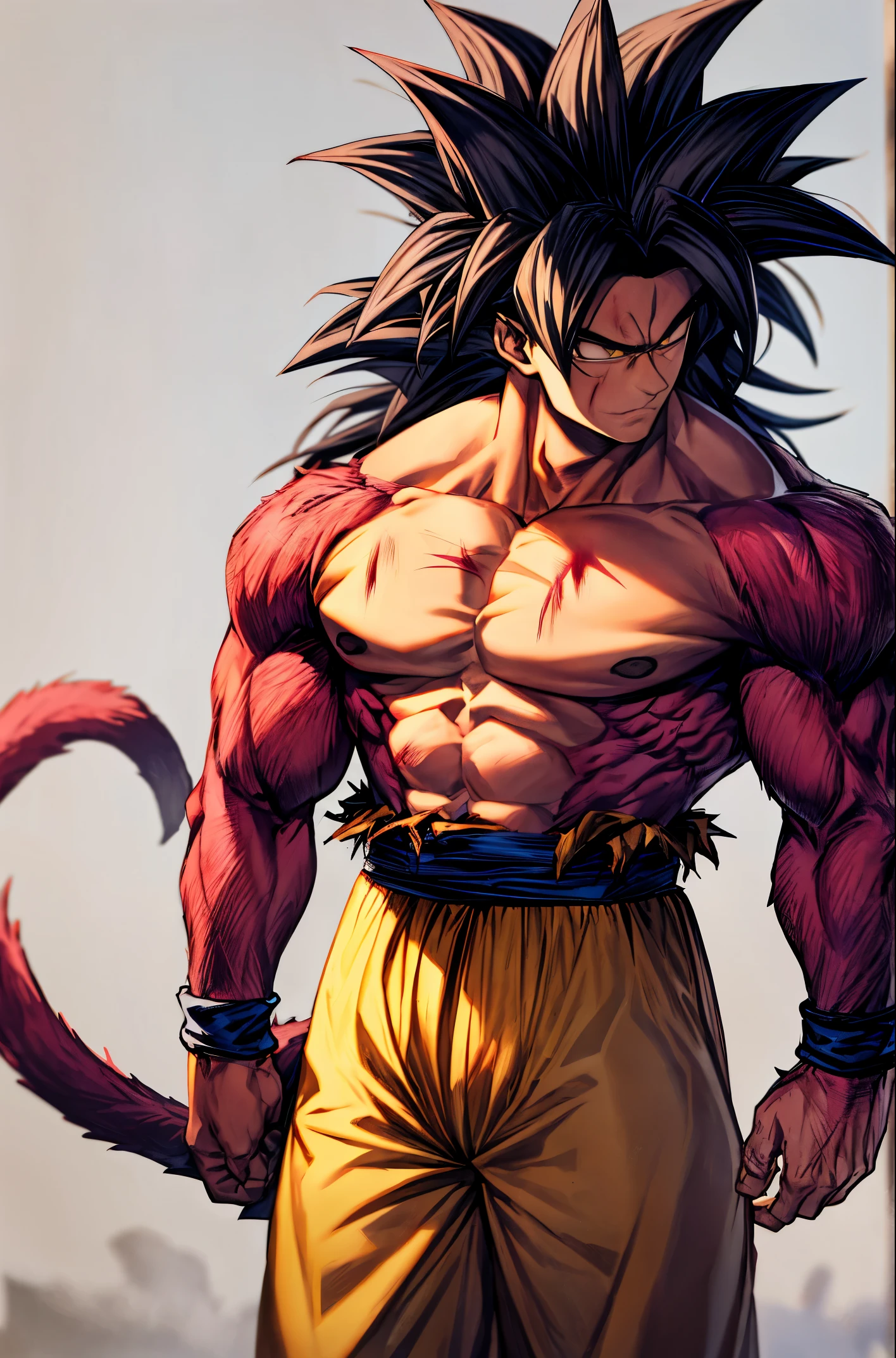son goku, 1boy, arms at sides, artist name, baggy pants, biceps, black hair, blood, blood from mouth, blue sash, blue wristband, blurry, blurry background, body fur, closed mouth, collarbone, frown, long hair, looking away, looking to the side, male focus, monkey tail, muscular, muscular male, pants, pectorals, red fur, sash, scratches, serious, simple background, solo, spiked hair, standing, super saiyan, super saiyan 4, tail, torn clothes, twitter username, v-shaped eyebrows, wristband, yellow eyes, yellow pants, ((masterpiece)), more detail.