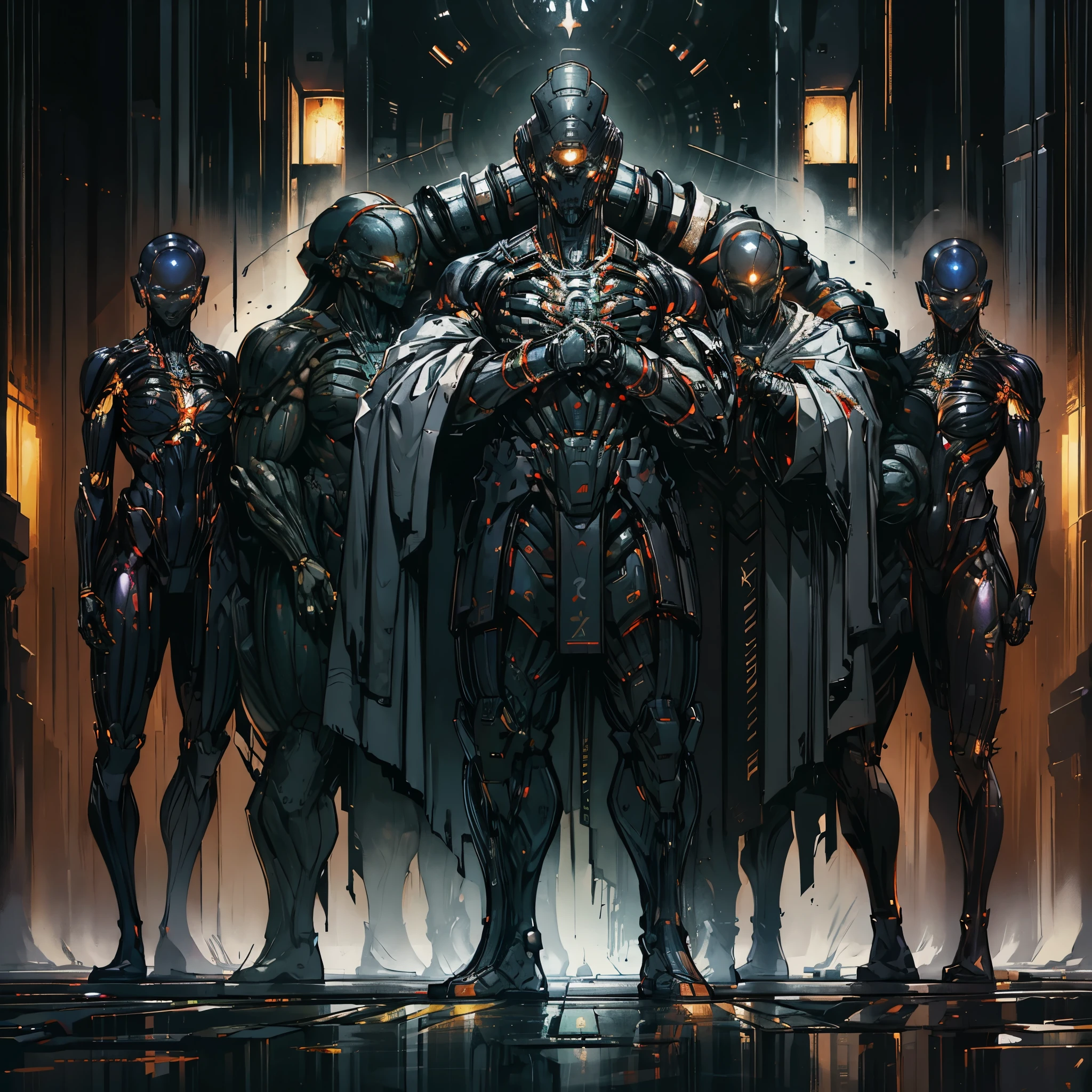 robot, cyborg,((The face is in style of an Exo from Destiny)),Shiny metal skin,Mechanical body parts,Mechanical gears and gears, (devoid of mouth), [Meticulous, Surgical precision],church style background,Science fiction art style,Vibrant colors,High-res,Ultra-detailed,Realistic lighting effects,Bokeh, wearing white robes and cloak, divine pose, two bright eyes,