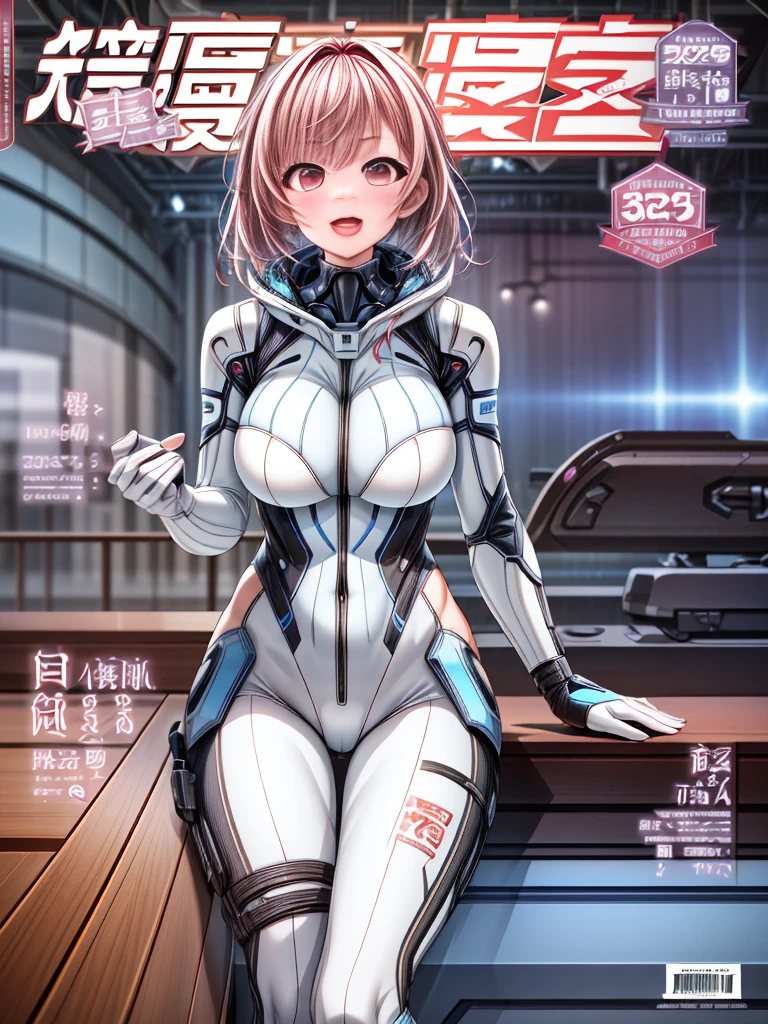covers、1girl in、(White spacesuit)、a blond、(Futuristic, tight-fitting bodysuit)、Cyberpunk futuristic city background、masterpiece、top-quality、