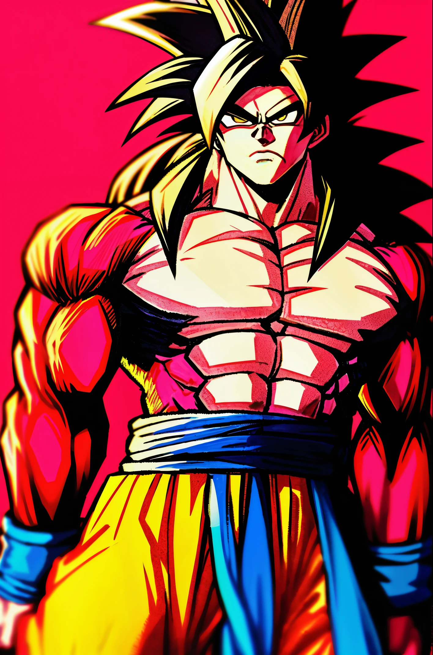 son goku, 1boy, arms at sides, artist name, baggy pants, biceps, black hair, blood, blood from mouth, blue sash, blue wristband, blurry, blurry background, body fur, closed mouth, collarbone, frown, long hair, looking away, looking to the side, male focus, monkey tail, muscular, muscular male, pants, pectorals, red fur, sash, scratches, serious, simple background, solo, spiked hair, standing, super saiyan, super saiyan 4, tail, torn clothes, twitter username, v-shaped eyebrows, wristband, yellow eyes, yellow pants, ((masterpiece))