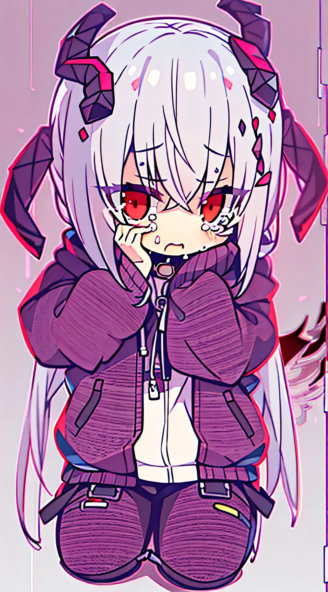 1 girl, chibi, white hair, oversized black hoodie, crying inconsolable, hacking, cyber daemon, loli, cyberpunk, ((cyber horns)), red eyes ( background, white background: 1.3)