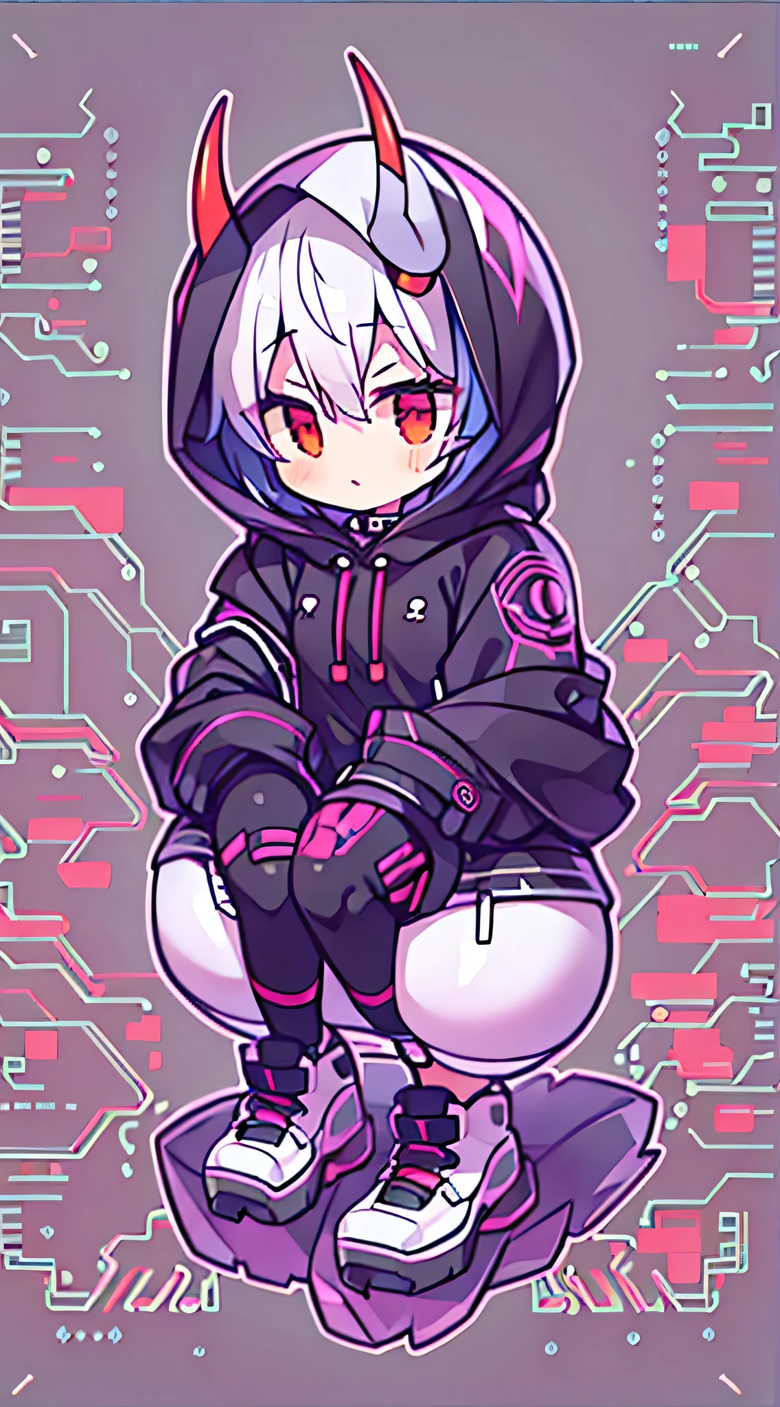 1 girl, chibi, white hair, oversized black hoodie, bored, hacking, cyber daemon, loli, cyberpunk, ((cyber horns)), red eyes ( background, white background: 1.3)