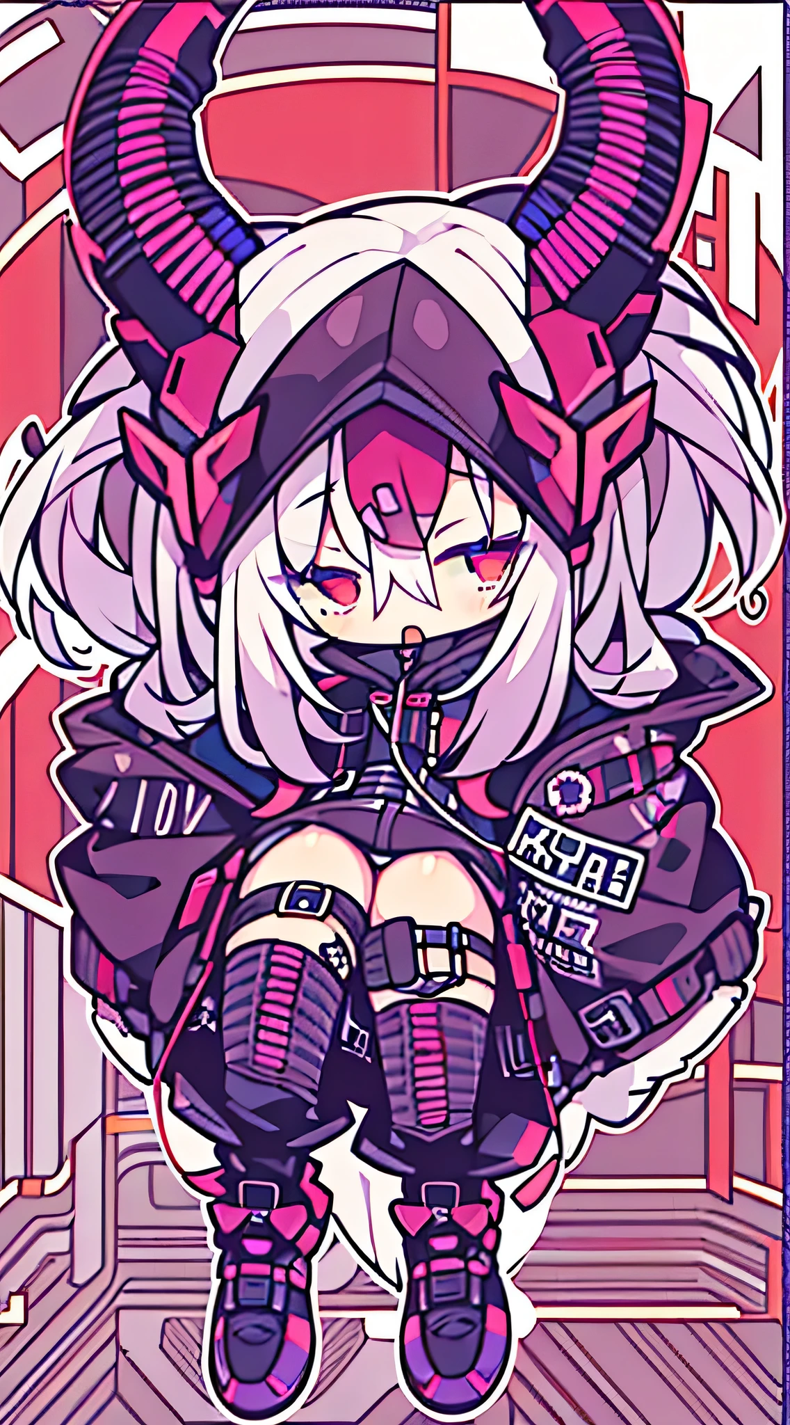 1 girl, chibi, white hair, oversized black hoodie, bored, hacking, cyber daemon, loli, cyberpunk, ((cyber horns)), red eyes ( background, white background: 1.3)