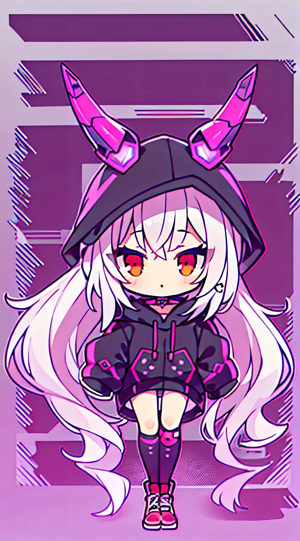1 girl, chibi, white hair, oversized black hoodie, doubtful, hacking, cyber daemon, , cyberpunk, ((cyber horns)), red eyes ( background, white background: 1.3)