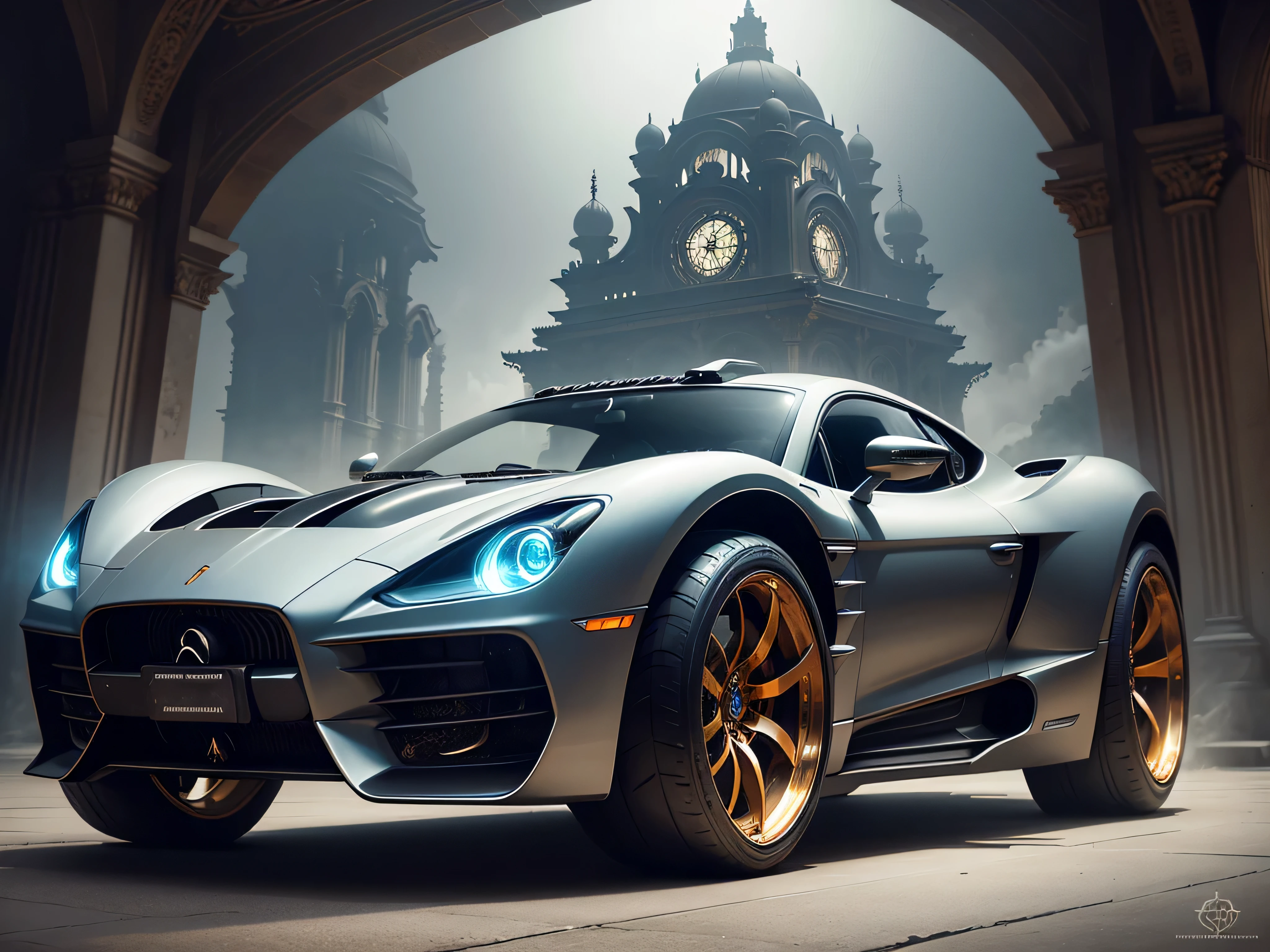 futuristic car biomechanical steampunk vehicle reminiscent of fast sportscar with robotic parts and (glowing) lights parked in ancient lush palace, gothic and baroque, brutalist architecture, ultradetailed, creepy ambiance, fog, artgerm, giger, Intricate