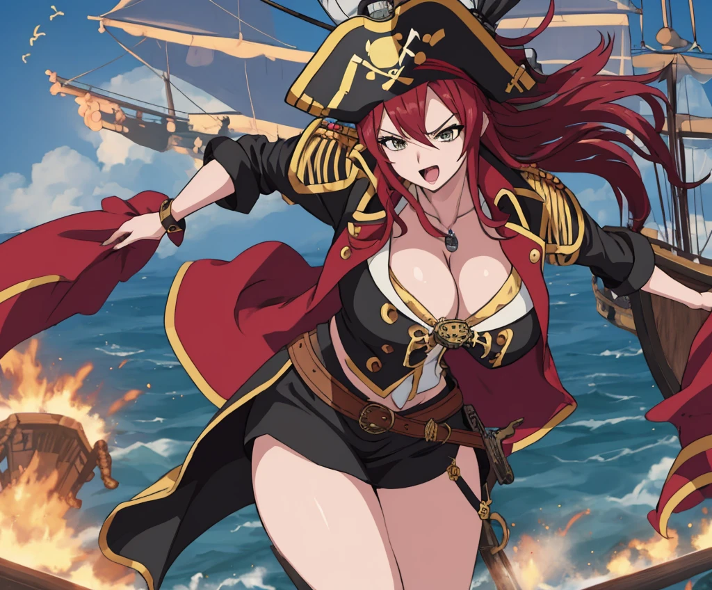 Anime image of a sexy girl dressed in a pirate costume who is on a huge pirate ship holding a pirate sword