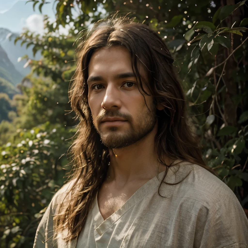 Produce a realistic artistic representation of Jesus Christ in a serene, bright scene. Ele deve estar em um ambiente natural, possibly with a mountainous background or peaceful landscape around. Facial expression should convey serenity, compassion and wisdom. Make sure the details are well defined and the lighting highlights your figure in a majestic and transcendental way.
