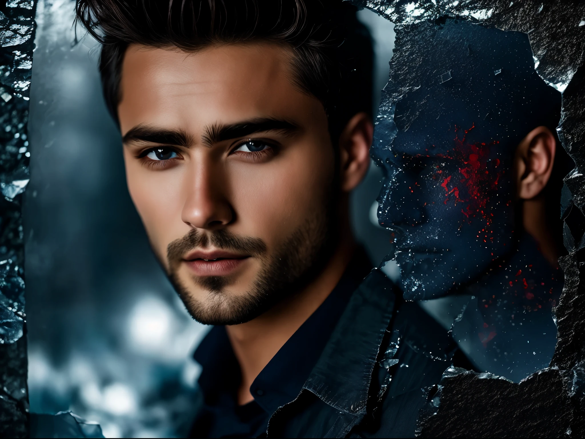 A handsome man is inside a broken glass wall, dark blue and dark red, cut/ripped, luminous portraits, unpredictable, photo-realistic hiperbole.