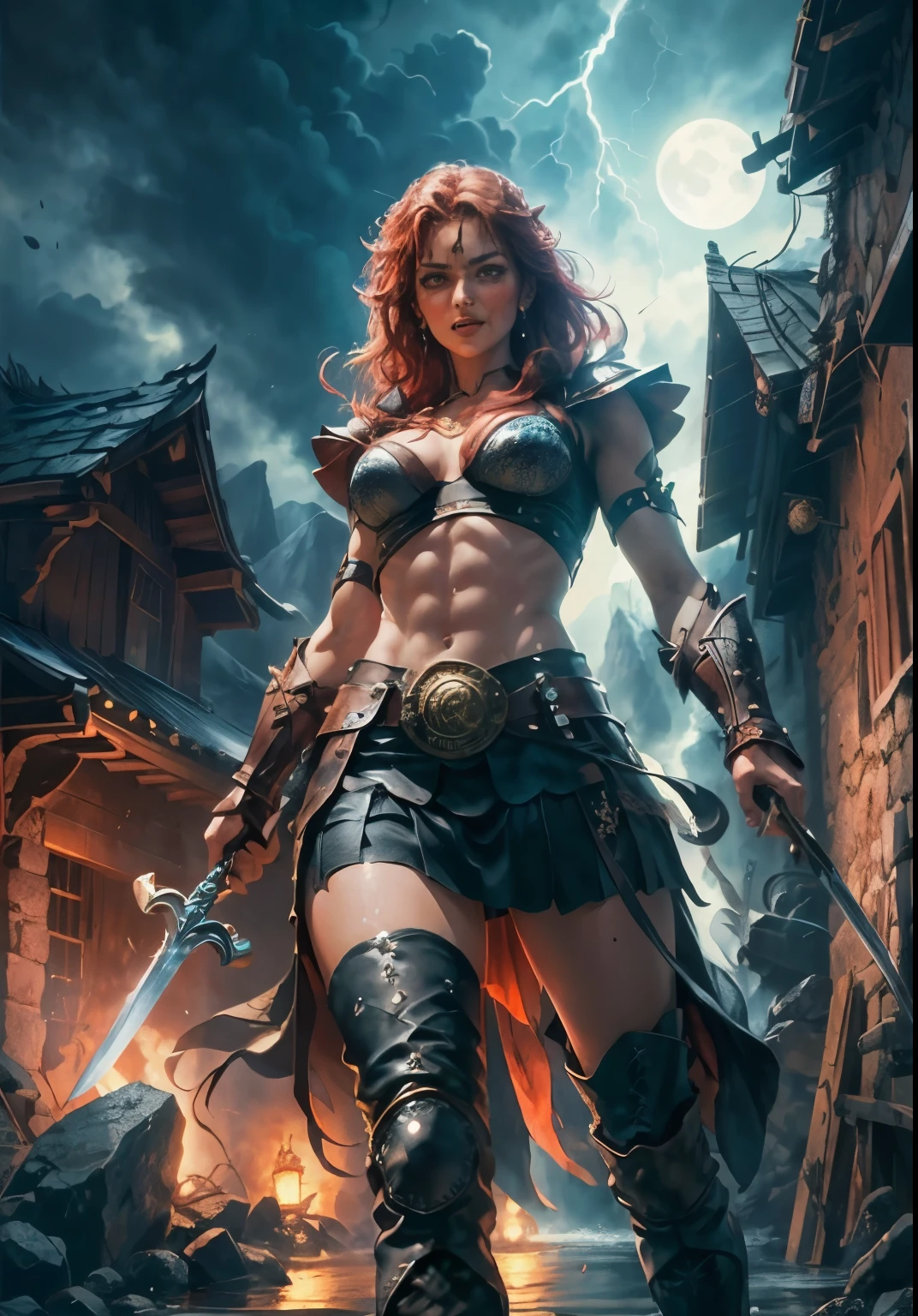 (masterpiece), best quality, expressive eyes, perfect face, ((warrior woman poster)), ((red sonja warrior in fighting pose)), ((poster includes army fighting in the background)), 8k, blood on skin, mandala tattoos, full body , dark cloudy sky with lightning, ((dynamic poster)), ((full moon)), ((movie poster)), full war woman in combat stance, soft play of light and shadow, war scene, war woman variety of small details in the background, random, hyper detailed, trend in artstation, intricate details, highly detailed, metal high heel boots, high heel boots, evil laugh, slight ironic smile. digital painting, perfect result, HDR, illustration, very image clear, evocative, striking, fluorescent light, side angle perspective, perfect face, front view of perfect face, woman warrior, sword in left hand, little clothing, steel bracelet, silver bracelet, bronze belt, woman with very long hair moved by the wind, night light, cloudy sky, dark clouds with lightning, mountain, castle embedded in the mountain rock, waterfall coming out of the castle, beautiful warrior, skin wet with sweat, flushed and panting face, provocative look, full female body, water-wet skin, stormy sky, floating antique clock, lamp, lantern, tattoos of mandalas and flowers on the body, majestic, feeling of depth (athletic physique: 1.5), emerald eyes ( vibrant: 1.5), brown hair (vibrant: 1.5), UHD, HDR, cinematic image, intricate details, ultra-realism, viridian tones, medieval castle embedded in the mountain, full moon, (fractal art: 1.3), colorful , metallic colors, enamel colors, NSFW, run and dodge, fighting pose, beautiful warrior woman in combat, front view, girl seen from the war front, fighting expression, finely drawn hands; By Artgerm, full female body centered on the scene, dark clouds and lightning, magic lights, magic particles, ((Xena warrior)), metal high heel boots, high heel boots, vagina on display, beautiful vagina, beautiful breasts on display, poster cinema,