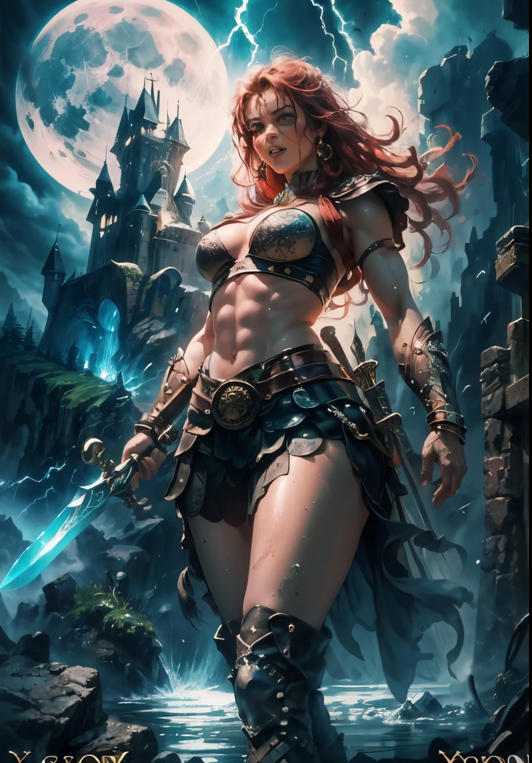 (masterpiece), best quality, expressive eyes, perfect face, ((warrior woman poster)), ((red sonja warrior in fighting pose)), ((poster includes army fighting in the background)), 8k, blood on skin, mandala tattoos, full body , dark cloudy sky with lightning, ((dynamic poster)), ((full moon)), ((movie poster)), full war woman in combat stance, soft play of light and shadow, war scene, war woman variety of small details in the background, random, hyper detailed, trend in artstation, intricate details, highly detailed, metal high heel boots, high heel boots, evil laugh, slight ironic smile. digital painting, perfect result, HDR, illustration, very image clear, evocative, striking, fluorescent light, side angle perspective, perfect face, front view of perfect face, woman warrior, sword in left hand, little clothing, steel bracelet, silver bracelet, bronze belt, woman with very long hair moved by the wind, night light, cloudy sky, dark clouds with lightning, mountain, castle embedded in the mountain rock, waterfall coming out of the castle, beautiful warrior, skin wet with sweat, flushed and panting face, provocative look, full female body, water-wet skin, stormy sky, floating antique clock, lamp, lantern, tattoos of mandalas and flowers on the body, majestic, feeling of depth (athletic physique: 1.5), emerald eyes ( vibrant: 1.5), brown hair (vibrant: 1.5), UHD, HDR, cinematic image, intricate details, ultra-realism, viridian tones, medieval castle embedded in the mountain, full moon, (fractal art: 1.3), colorful , metallic colors, enamel colors, NSFW, run and dodge, fighting pose, beautiful warrior woman in combat, front view, girl seen from the war front, fighting expression, finely drawn hands; By Artgerm, full female body centered on the scene, dark clouds and lightning, magic lights, magic particles, ((Xena warrior)), metal high heel boots, high heel boots, vagina on display, beautiful vagina, beautiful breasts on display, poster cinema,