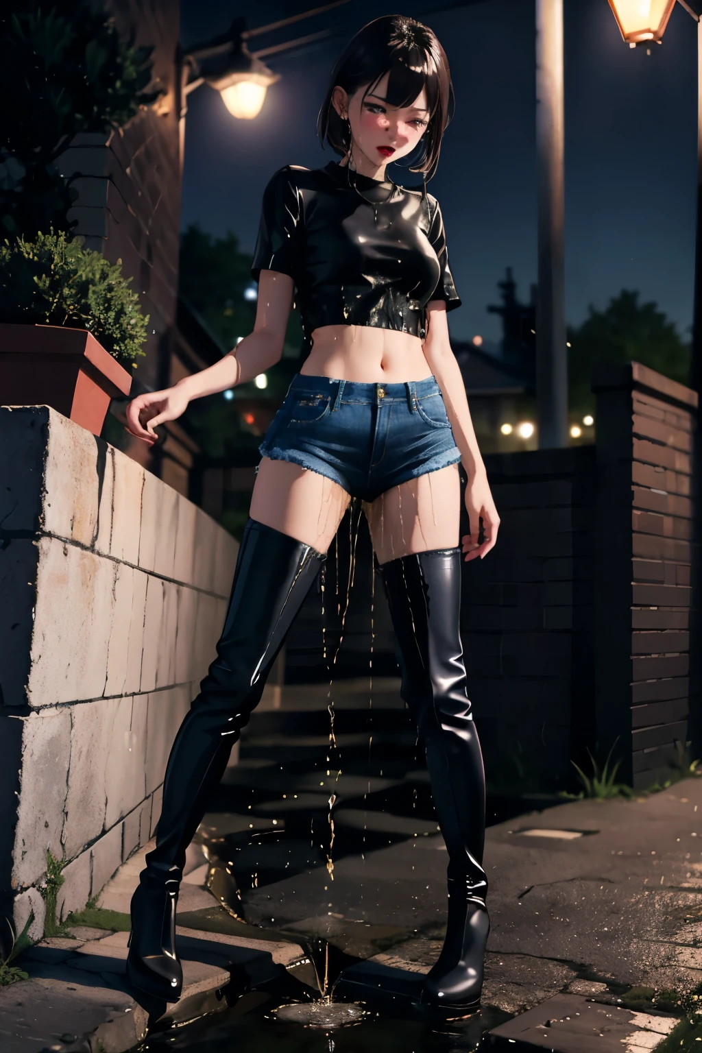 highres, beautiful women, high detail, good lighting, lewd, hentai, (no nudity), (((jeans))), ((tight leather top)), (((leather thigh high boots))), bare midriff, ((wet crotch)), (((peeing herself))), (((wetting herself))), pee streaming down legs, peeing stain, (puddle), (thick thighs), nice long legs, lipstick, detailed face, pretty face, embarrassed blushing face, humiliated, ((legs spread)), ((standing under streetlight at night)), hihelz