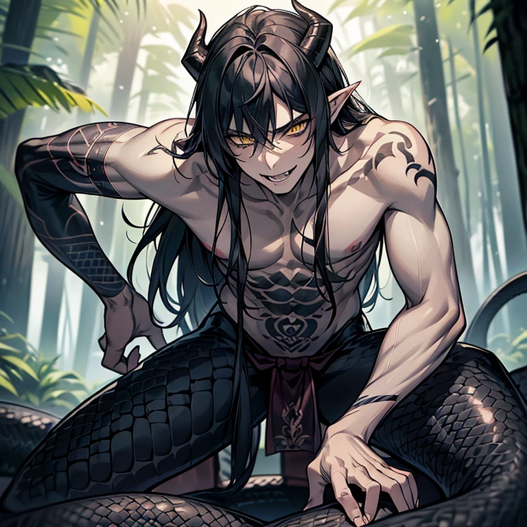 Lamiaan image a drawing of a man whose lower body is a snake, 1boy, black scales, black snake, male focus, solo, (monster boy),(snake boy), lamia, (leaning forward:1.3), snake eyes, yellow eyes, (tsurime:1.0) , oni horns, teeth, (fang:1.0), sharp fangs, seductive smile, black hair, long hair, tired hair, sexy, seducing boy, temptation, (A man seduces a woman), topless, (pale skin), (sharp nails), (tribal tattoo:1.3) , (background in forest&swamp), cinematic angle, masterpiece, best quality, high resolution, ultra-detailed