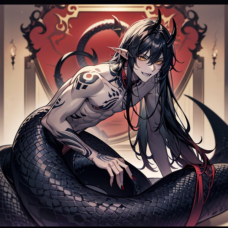 Lamiaan image a drawing of a man whose lower body is a snake, 1boy, black scales, black snake, male focus, solo, (monster boy),(snake boy), lamia, snake eyes, yellow eyes, (tsurime:1.0) , oni horns, teeth, (fang:1.0), sharp fangs, seductive smile, black hair, long hair, tired hair, topless, (pale skin), (sharp nails), (tribal tattoo:1.3) , (background in forest), cinematic angle, masterpiece, best quality, high resolution, ultra-detailed