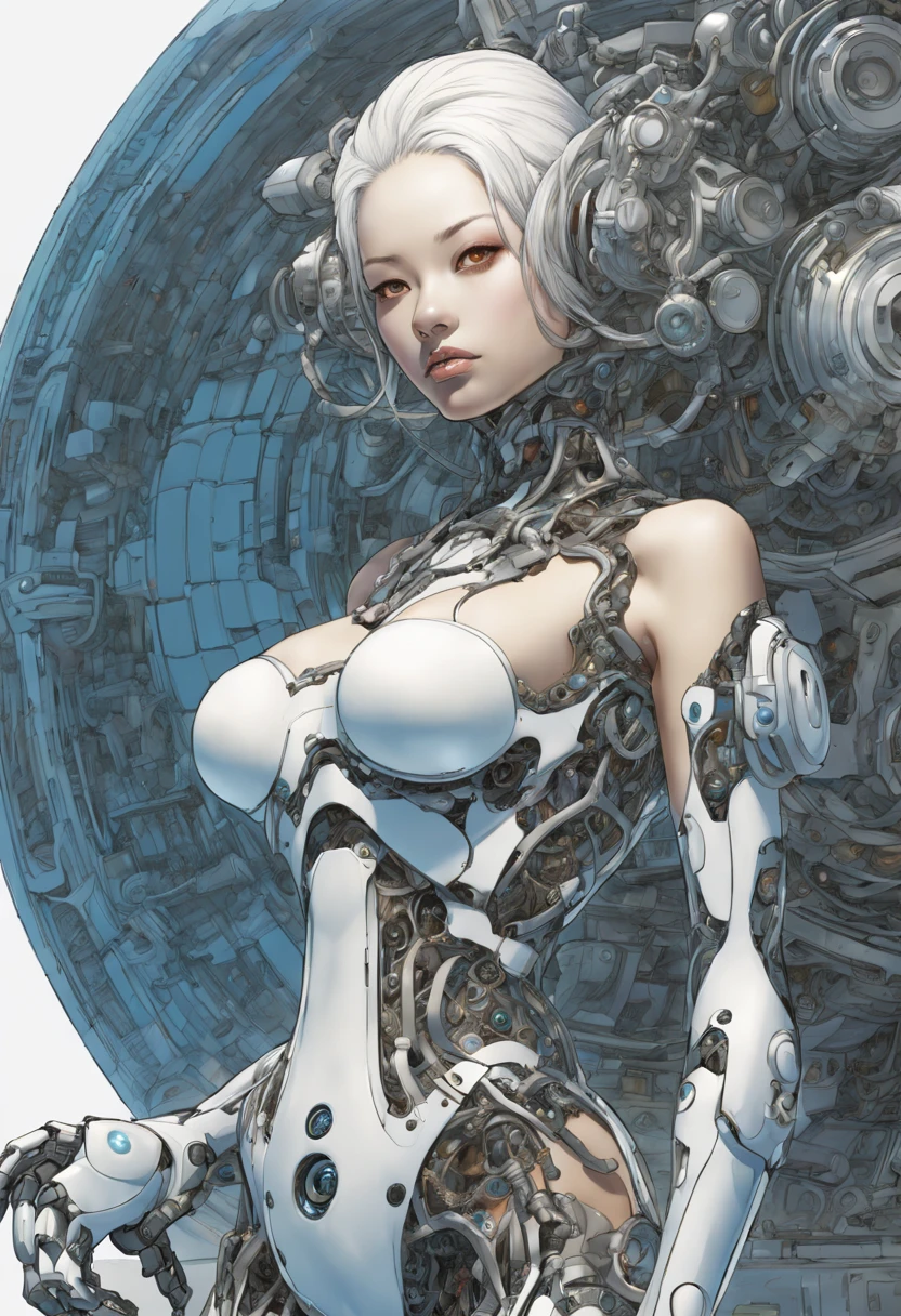 artwork by Katsuya Terada 8K, HD from the waist up, intricately detailed masterpiece, a Robot Butler with her metallic hairdo in sexy braless, pantyhose, scales, roots, tights, the robot maid no bra, big boobs, transparent, glowing eyes, blue iris and black eyeball, medium shot, platinum white hair, organic shapes, hard edges, anatomically correct body, sexy pose, hyper-realistic, Robot Butler elegant, cinematic lighting, highly detailed, intense colors, octane rendered Robot Butler, surreal mood, award-winning picture, glowing rich colors, iridescent accents, dramatic shadows, dynamic and atmospheric lighting, anamorphic lens, sharp focus, intricate high-detail masterpiece by Katsuya Terada, in the STYLE of Katsuya Terada