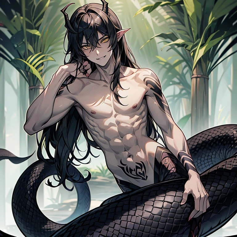 Lamiaan image a drawing of a man whose lower body is a snake, 1boy, black scales, black snake, male focus, solo, (monster boy),(snake boy), lamia, snake eyes, yellow eyes, (tsurime:1.0) , oni horns, teeth, (fang:1.0), sharp fangs, seductive smile, black hair, long hair, tired hair, sexy, seducing boy, temptation, (A man seduces a woman), topless, (pale skin), (sharp nails), (tribal tattoo:1.3) , (background in forest&swamp), cinematic angle, masterpiece, best quality, high resolution, ultra-detailed