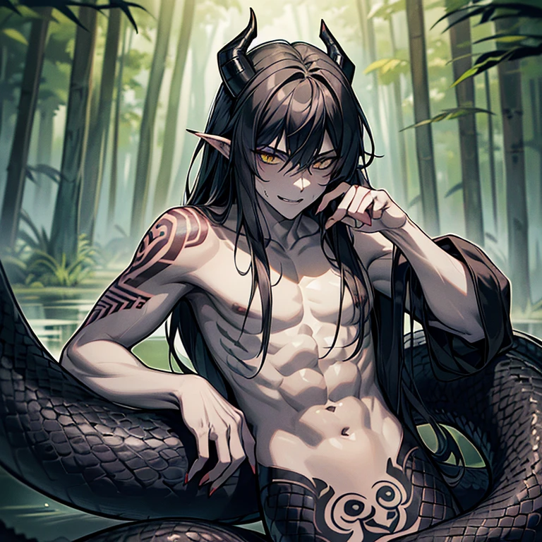 Lamiaan image a drawing of a man whose lower body is a snake, 1boy, black scales, black snake, male focus, solo, (monster boy),(snake boy), lamia, snake eyes, yellow eyes, (tsurime:1.0) , oni horns, teeth, (fang:1.0), sharp fangs, seductive smile, black hair, long hair, tired hair, sexy, seducing boy, temptation, (A man seduces a woman), topless, (pale skin), (sharp nails), (tribal tattoo:1.3) , (background in forest&swamp), cinematic angle, masterpiece, best quality, high resolution, ultra-detailed