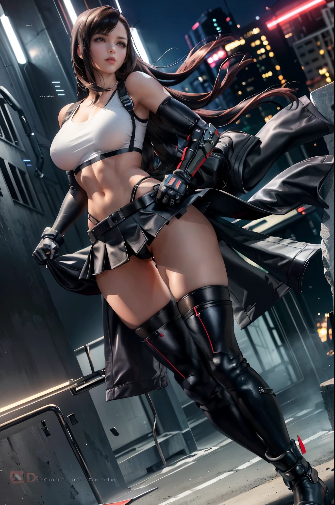 (8k, best quality, masterpiece:1.2), (realistic, photo-realistic), ultra-detailed, 1 girl,cute, solo, (tifa lockhart), (large breasts), neon lights, cityscape, depth of field, sharp focus, single elbow pad, ankle boots, black hair, black thighhighs, red boots, elbow gloves, elbow pads, fingerless gloves, taut shirt, sports bra, (black skirt), thighhighs, white tank top, full body, pretty face, long hair, ((red_eyes)), bokeh, cinematic lighting, (Tetsuya Nomura style), nsfw, perfect breasts (standing, hands on hips:1.3)
