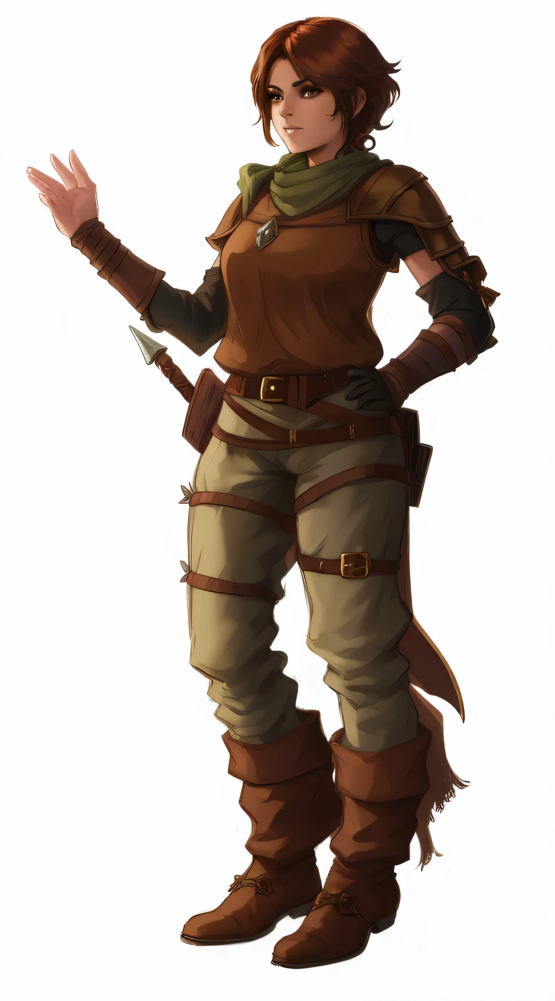 a woman in a brown outfit and boots, fantasy character, rpg portrait full body, d & d style full body portrait, rpg character, full - body portrait of a ranger, female lead character, full body dnd character portrait, from pathfinder, d&d dark sun character art, north female warrior, rpg character art, dungeons and dragons character