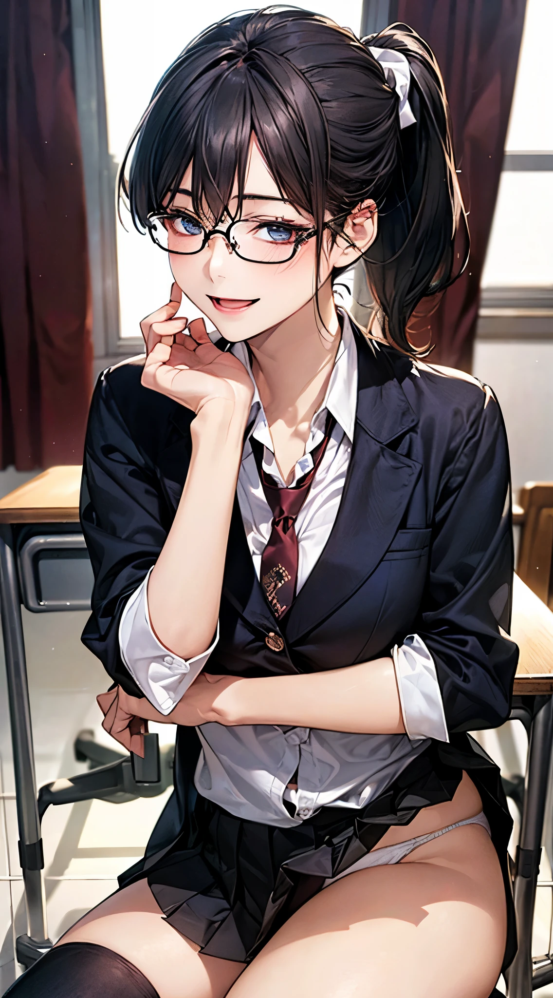 (masterpiece:1.2, top-quality), (realistic, photorealistic:1.4), beautiful illustration, NSFW,
looking at viewer, cowboy shot, front view:0.8,
1 girl, japanese, high school girl, black hair, (middle hair:1.4, short ponytail:1.5), bangs, hair between eye, blue eyes, large breasts:1.0, black-rimmed glasses, (thick thighs),
beautiful hair, beautiful face, beautiful detailed eyes, beautiful clavicle, beautiful body, beautiful chest, beautiful thigh, beautiful legs, beautiful fingers,
(beautiful scenery), dawn, bright and refreshing classroom, desks, chairs, curtains,
((black blazer, black pleated miniskirt, socks, private school uniform:1.2, russet necktie)), white panties,
(swollen), ((seductive posture: 1.2, attractiveness: 1.2)), (idle),
(erotic,sexy, upper eyes, smiling smile: 1.2), shiny skin, open mouth,
perfect face, cute and symmetrical face, natural side lighting, movie lighting),