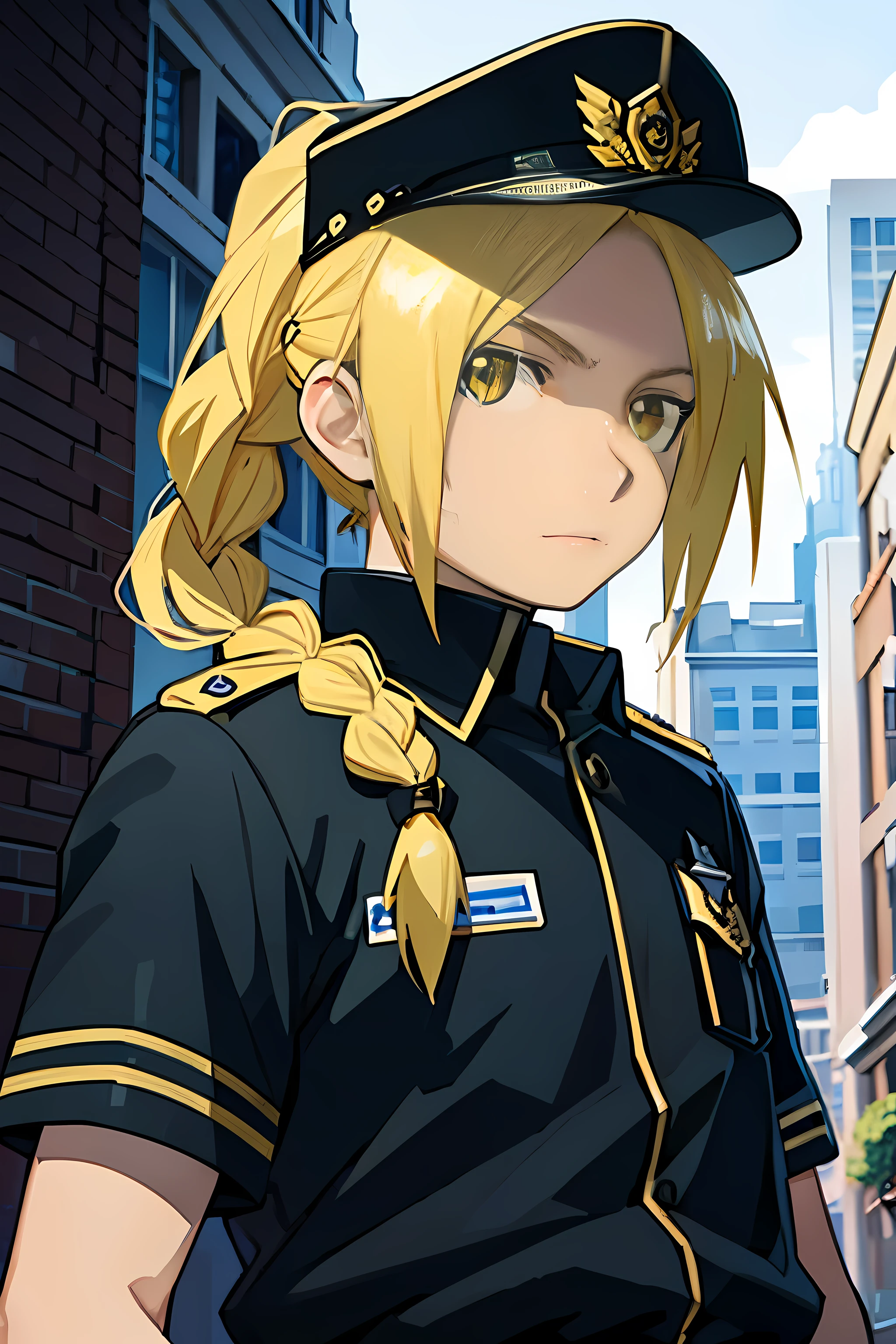 Chef-dœudansre, meilleur qualité, fond d'écran, police, Casquette de police, 1garçon, seulement, Accent mis sur les hommes, Regarder le spectateur, , , , Réaliste, Edward_Elric, cheveux blonds, yeux jaunes, tresser, single tresser, tressered ponytail, bras mécanique unique, , , , Résolution 32k, Casquette de police, Vêtements de police, police, policier,