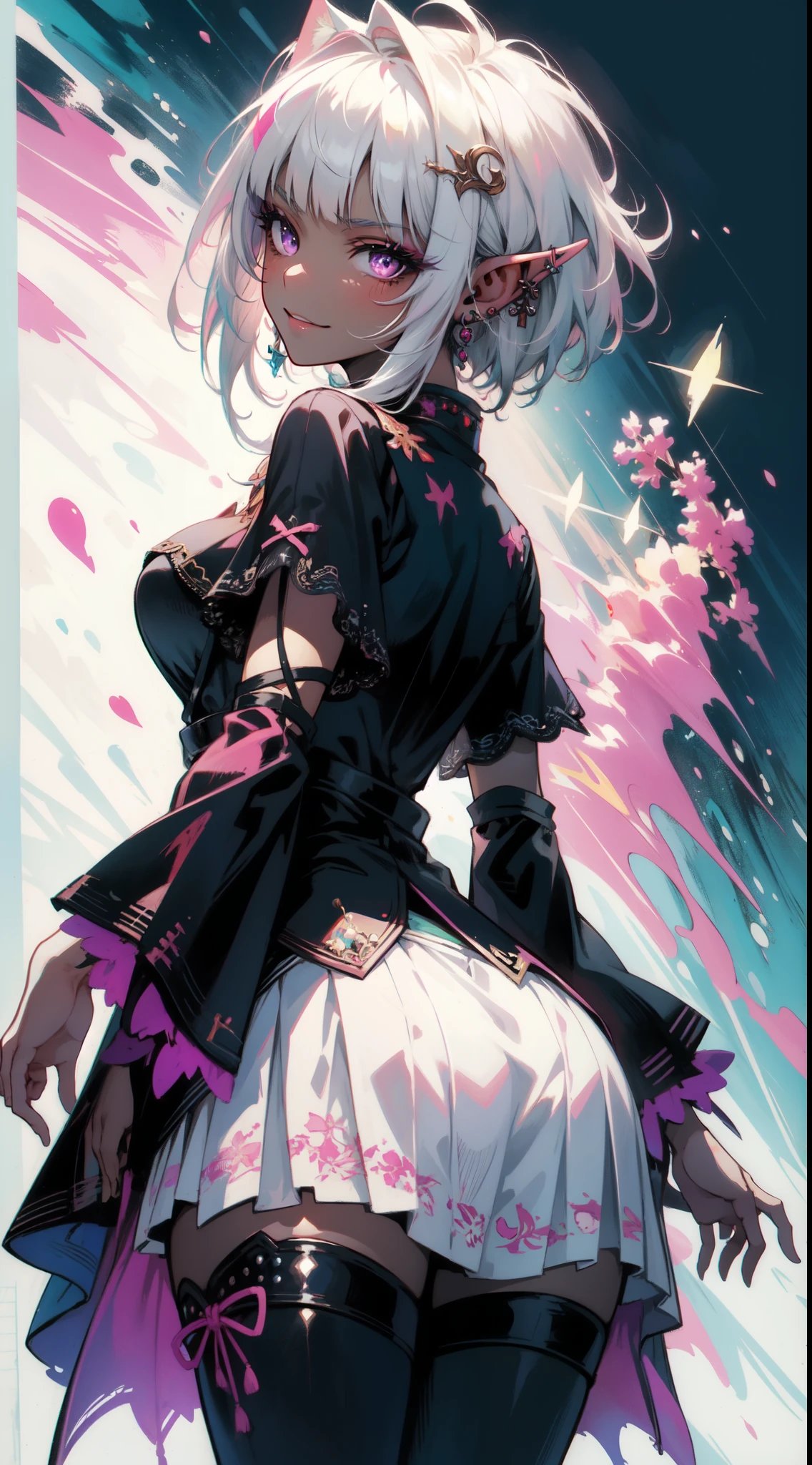 (masterpiece, top quality, best quality, official art, beautiful and aesthetic:1.2), ((dark elf)), ((1girl)), extreme detailed, (fractal art:1.3), colorful, highest detailed, Cowboy shot, from behind, in the style art by Artgerm, by wadim kashin, by Kawacy, by Yoshitaka Amano, BREAK, insanely detailed face, details eye, Blunt bangs, white hair, (hair between eye), eyelashes, violet eyes, eyeshadow, pink eyeshadow, (dark skin:1.1), glaring, smile, BREAK, corsages, jirai kei, (jirai kei fashion:1.1), Frills, Skirts, Various accessories, (ear piercing), punky style, Japanese subculture, fashion, Stockings, colorful, (Dark circles:1.2),