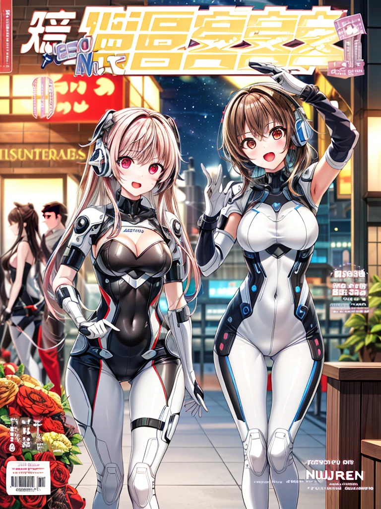 top-quality、masuter piece、covers、2girls、(White spacesuit)、(a blond):1.5、(Futuristic, tight-fitting bodysuit)、head phone、Cyberpunk futuristic city background、masterpiece、top-quality、