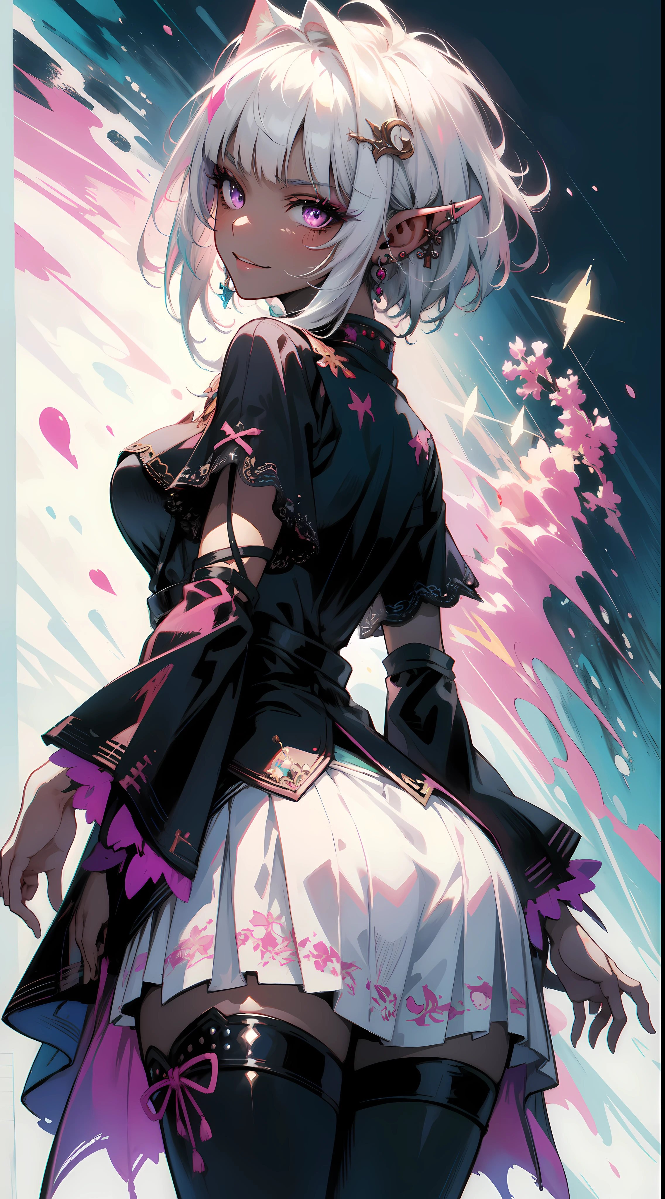 (masterpiece, top quality, best quality, official art, beautiful and aesthetic:1.2), ((dark elf)), ((1girl)), extreme detailed, (fractal art:1.3), colorful, highest detailed, Cowboy shot, from behind, in the style art by Artgerm, by wadim kashin, by Kawacy, by Yoshitaka Amano, BREAK, insanely detailed face, details eye, Blunt bangs, white hair, (hair between eye), eyelashes, violet eyes, eyeshadow, pink eyeshadow, (dark skin:1.1), glaring, smile, BREAK, corsages, jirai kei, (jirai kei fashion:1.1), Frills, Skirts, Various accessories, (ear piercing), punky style, Japanese subculture, fashion, Stockings, colorful, (Dark circles:1.2),