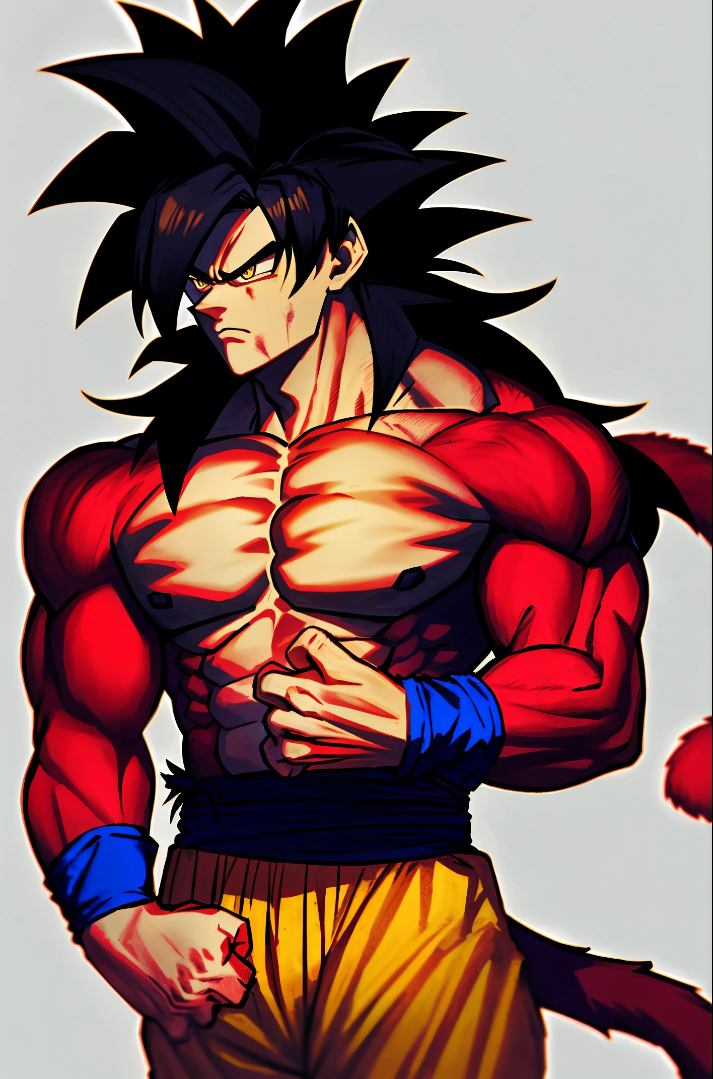 son goku, 1boy, arms at sides, artist name, baggy pants, biceps, black hair, blood, blood from mouth, blue sash, blue wristband, blurry, blurry background, body fur, closed mouth, collarbone, frown, long hair, looking away, looking to the side, male focus, monkey tail, muscular, muscular male, pants, pectorals, red fur, sash, scratches, serious, simple background, solo, spiked hair, standing, super saiyan, super saiyan 4, tail, torn clothes, twitter username, v-shaped eyebrows, wristband, yellow eyes, yellow pants, ((masterpiece))