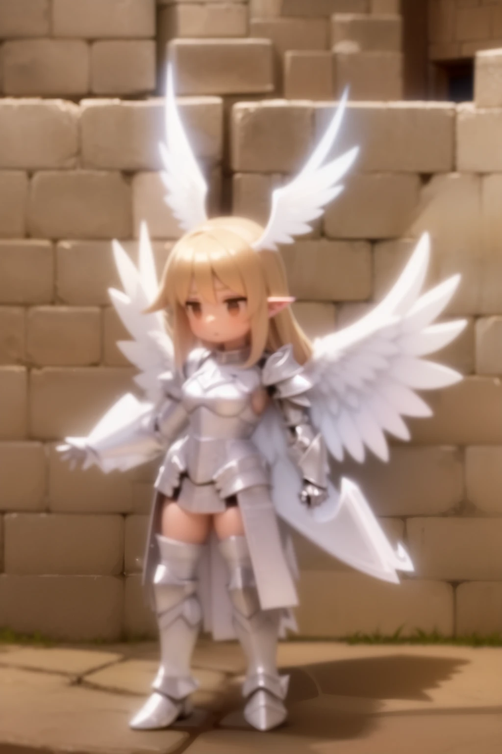 anime style picture of a woman with wings on a brick wall, angel knight girl, epic angel wings, armor angle with wing, angel in plastic armor, full - body majestic angel, inka harpy girl, big white glowing wings, ragnarok online, gear aurora, clothed in ethereal battle armor, with large wings, sliver color reflected armor, white wings