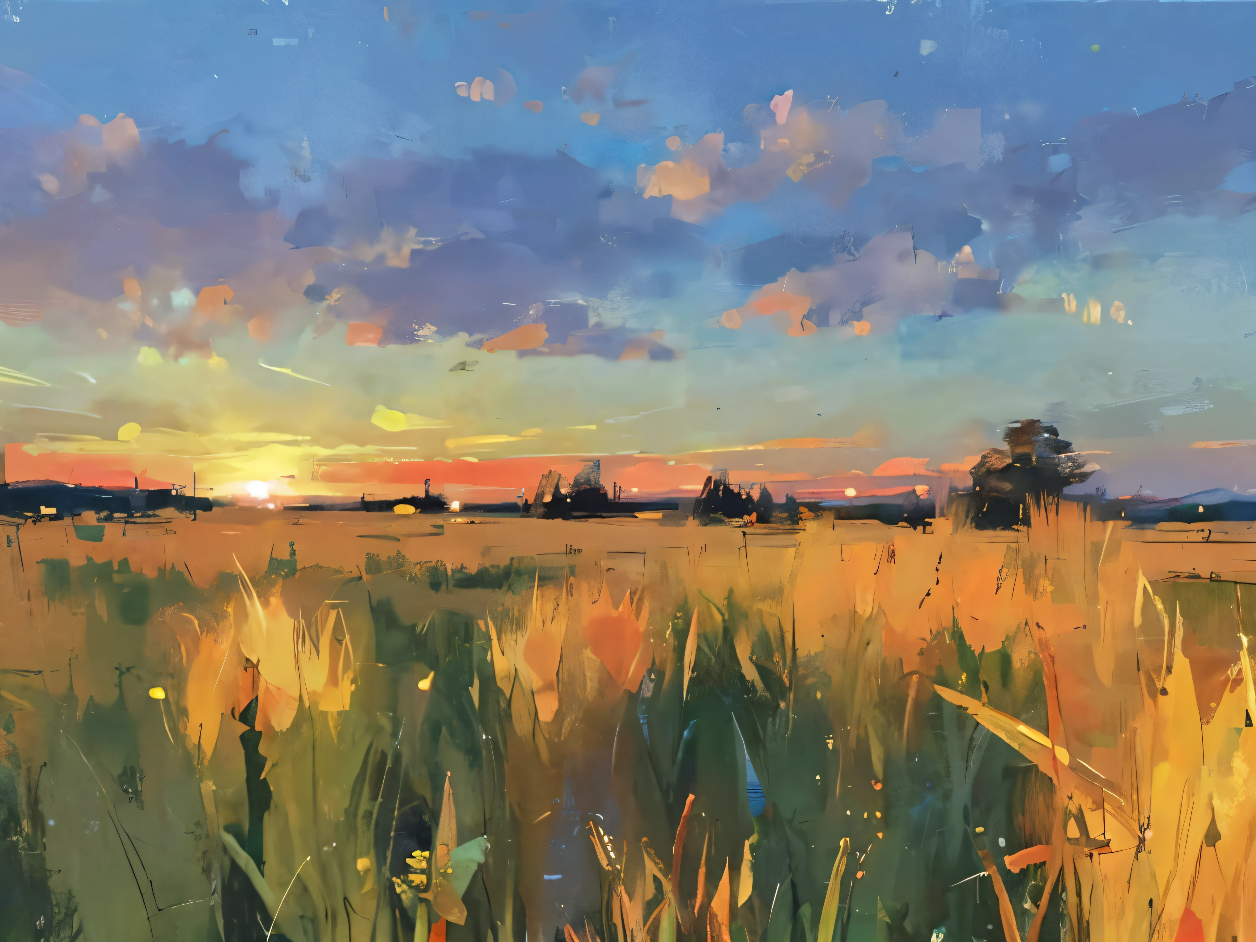 (Best Quality:1.2), corn field in minnesota, Deep bokeh, Twilight, Akane's Sky, Evening glow, Vibrant colors, Golden Hour Lighting、The sky turns bright red