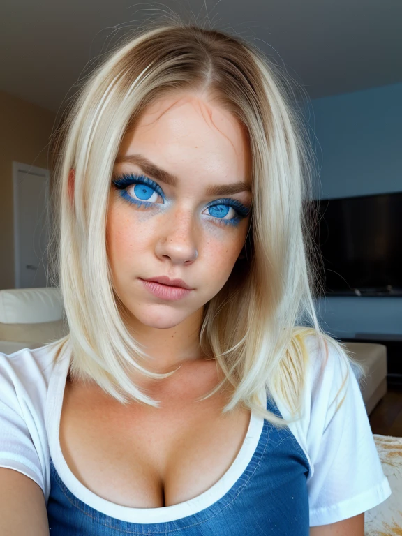 youthful teen, Jessa Rhodes, (large round cleavage), messy bob hair, face focus, ((white lowcut shirt)), setting living room at night, looking at viewer, (((bleached hair with brown roots))), (((big blue eyes))) (detailed eyes)