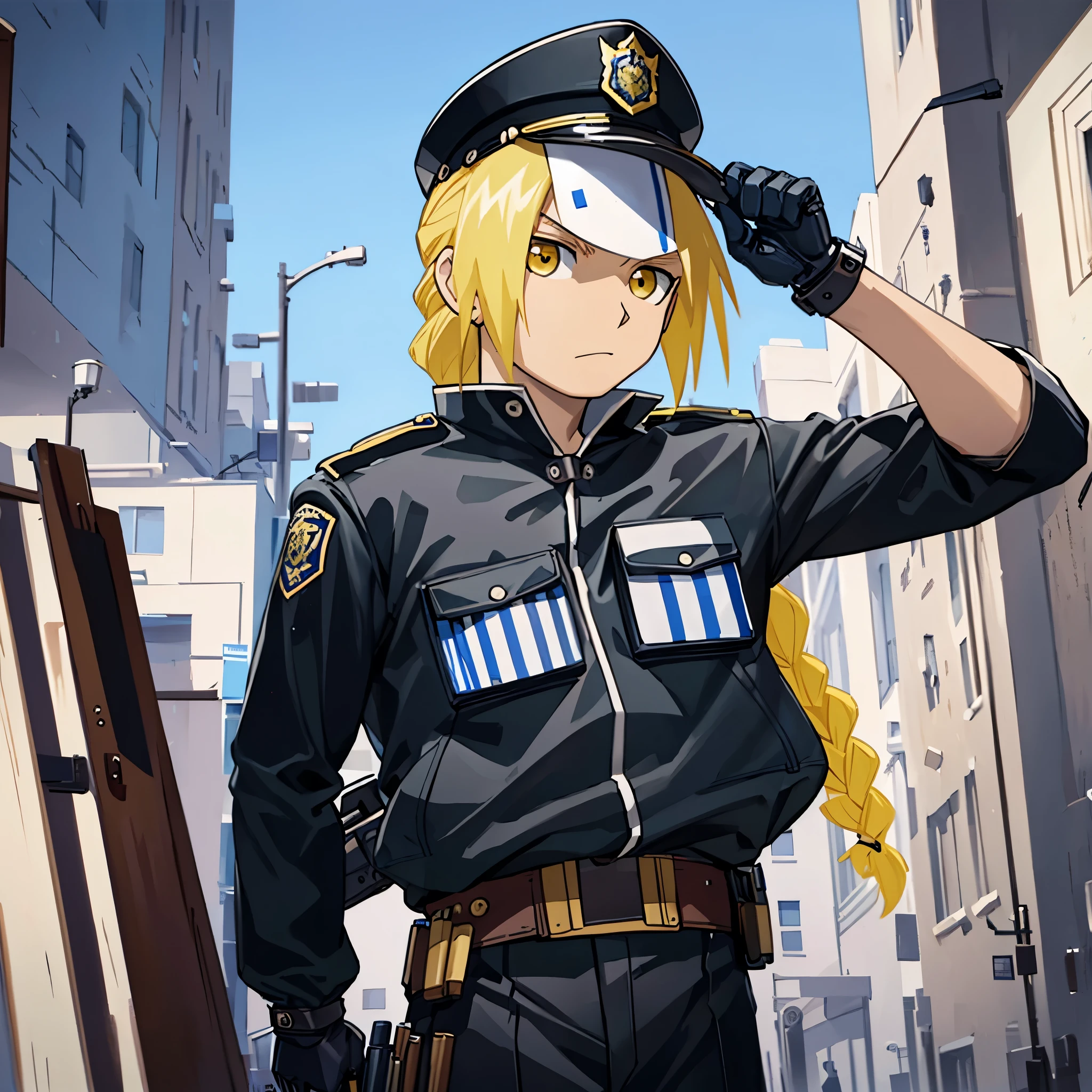 masterpiece, best quality, wallpaper, police, police cap, 1boy, solo, male focus, looking at viewer, , , , realistic, edward_elric, blonde hair, yellow eyes, braid, single braid, braided ponytail, single mechanical arm, , , , 32k resolution, police cap, police clothes, police, police officer,