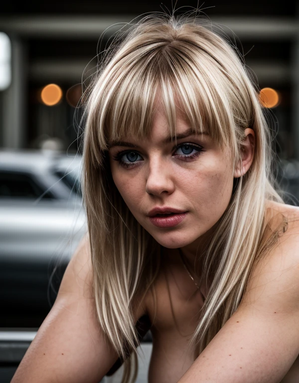 girl with messy blond hair, small bangs, cinematic photo SittingBlowjobQuiron pose, . 35mm photograph, film, bokeh, professional, 4k, highly detailed