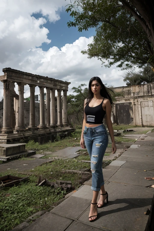 Mulher brasileira, Olhe para o Visualizador, cabelos longos, camisa, jeans, Cloud, dia, heaven,ao ar livre, post-apocalypse, ruins, scenecy, tree, water,