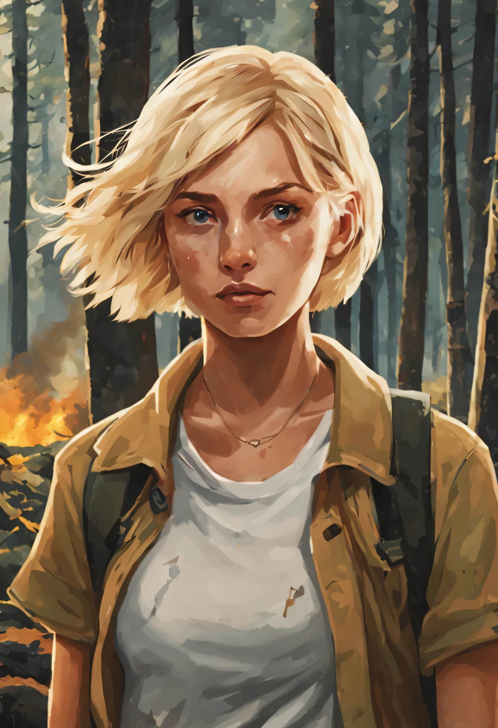 girl with short blonde hair, she is a survivor of a plane crash so she has her clothes torn and with a forest and a destroyed plane in the background