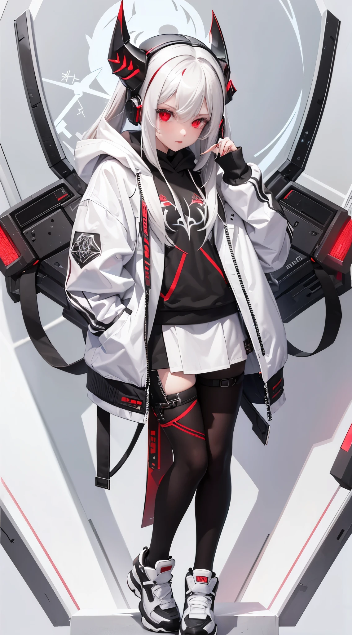 1 girl, white hair, oversized black hoodie, cyber daemon, loli, cyberpunk, ((cyber horns)), red eyes, white background: 1.3)