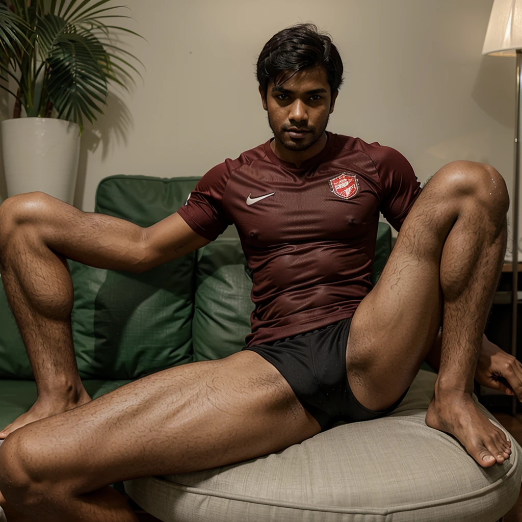 Sexy Maldivian boy in soccer shorts , big erection, very sexy, sitting pose, touching the bulge