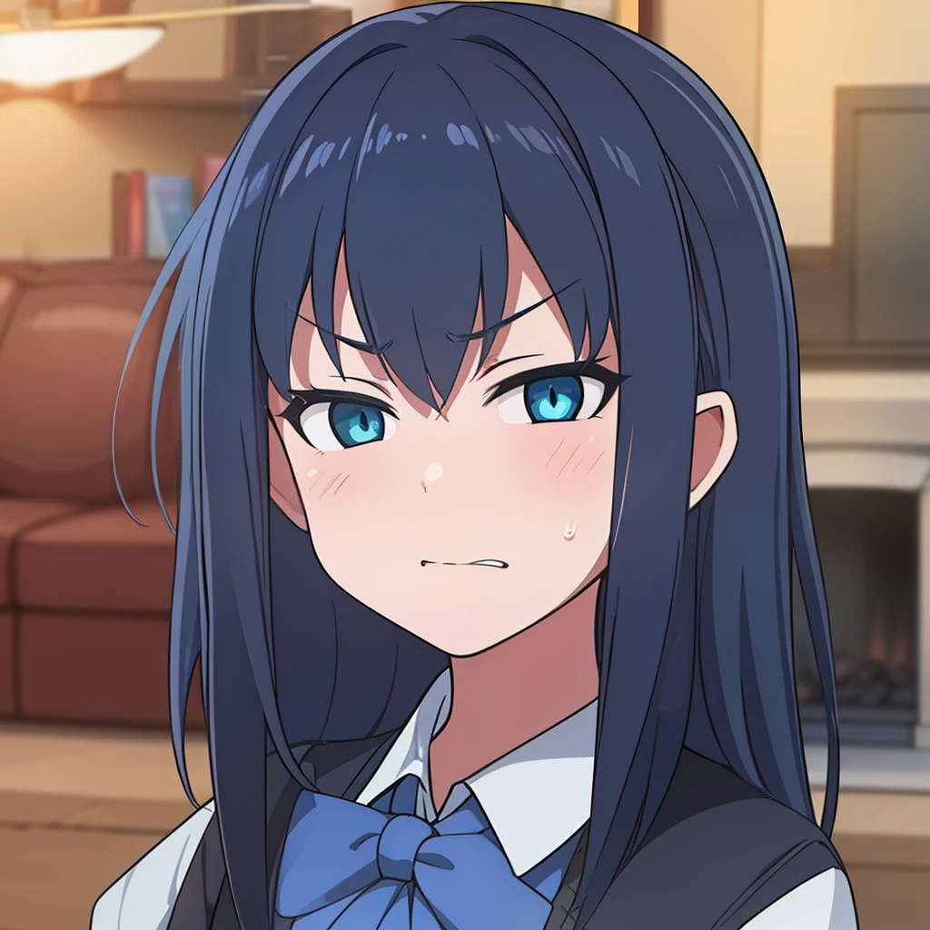 hiquality, tmasterpiece (One girl) Sullen face. cold gaze. Narrow mouth. dark colored hair. blue bow. gray vest. white shirt. against the backdrop of a room with a fireplace, sofa, parquet.
