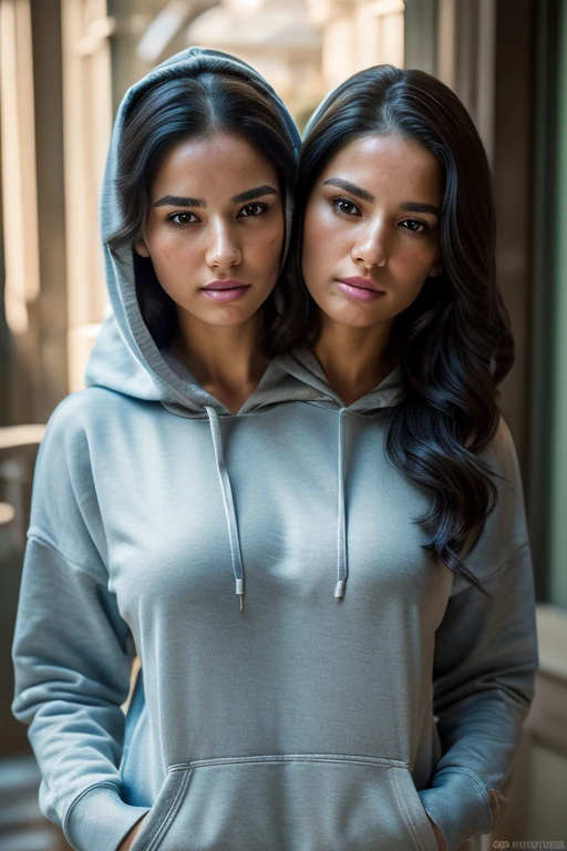 asterpiece:1.2, best quality), realistic, (real picture, intricate details, depth of field), (2heads:1.4), (1girl, solo), highly-detailed, perfect face, (skindentation), perfect thighs, identical faces, long wavy black hair, blushing, Lebanese, two heads, hoodie. Shot looks like out of a movie scene, cinematic, cinematic lighting, sexy face, detailed flawless face, wearing a hoodie, full body, conjoined, (RAW, analog, Nikon Z 85mm, award winning glamour photograph, ((best quality)), ((masterpiece)), ((realistic)), radiant light rays, highres, detailed facial features, high detail, sharp focus, smooth, aesthetic, extremely detailed, photo_\(ultra\), photorealistic, realistic, post-processing, max detail, realistic shadows, roughness, natural skin texture, real life, ultra realistic, photorealism, photography, 8k uhd, photography, hdr, intricate, elegant, highly detailed, sharp focus, radiant light rays), ( epic realistic:1.3), (hdr:1.4), intricate details, intricate , cinematic, detailed.