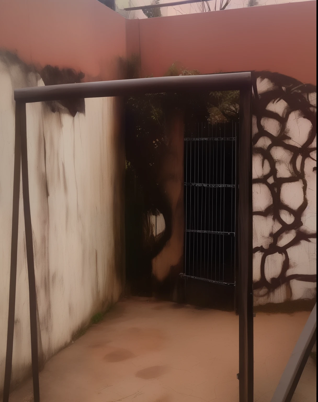 there is a small gate in the middle of a land area, Dentro existe uma casa de boneca, parede pintada com a cor branca, new swing, grass on the ground