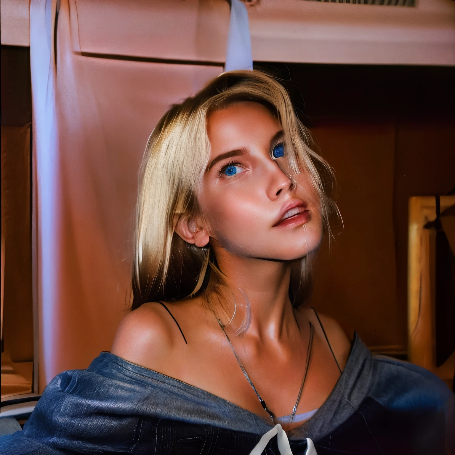 Génère moi une jeune fille teenager mince, grande taille, blonde aux yeux bleus, see a débardeur emmanchure américaine noir, Angelic face, boucles d'oreilles créoles
